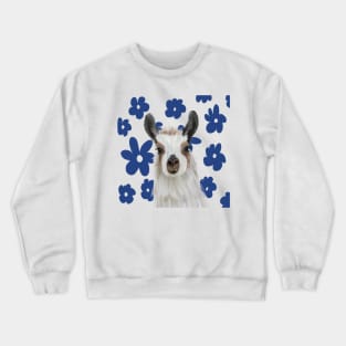 Llama | Blue Retro Flowers | Llama Lovers Gift Crewneck Sweatshirt